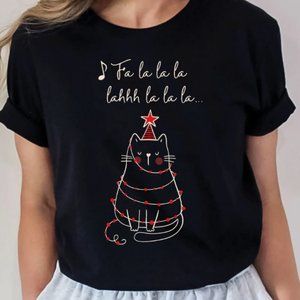 Christmas Holiday CAT Lovers Black Cotton T-Shirt Tee Cotton